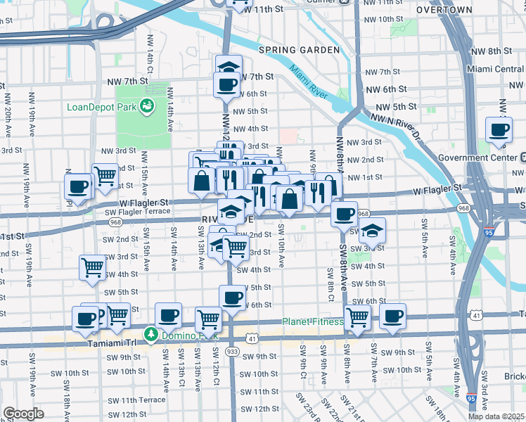 map of restaurants, bars, coffee shops, grocery stores, and more near 30 Southwest 11th Avenue in Miami