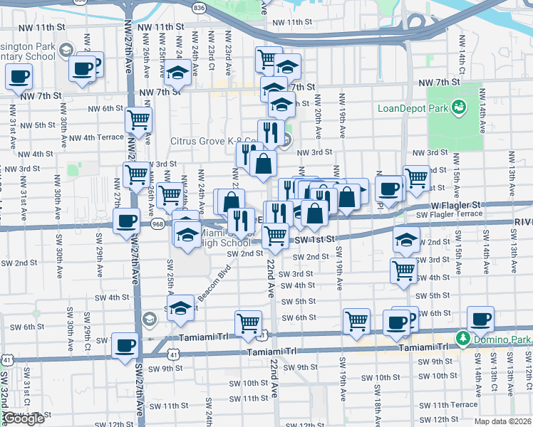 map of restaurants, bars, coffee shops, grocery stores, and more near in Miami