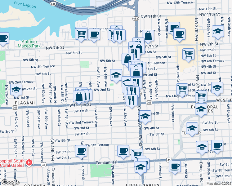 map of restaurants, bars, coffee shops, grocery stores, and more near 141 Northwest 43rd Place in Miami