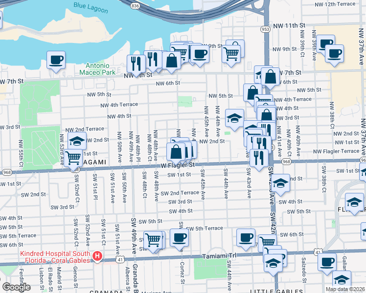 map of restaurants, bars, coffee shops, grocery stores, and more near 101 Northwest 47th Avenue in Miami