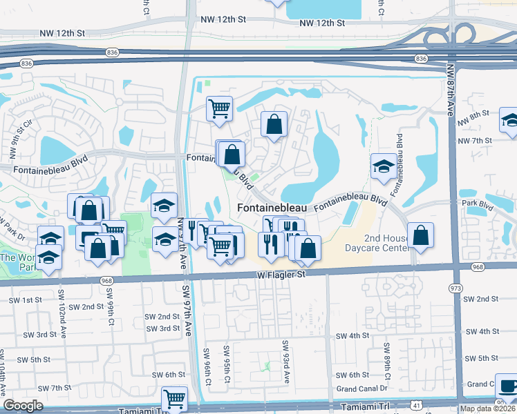 map of restaurants, bars, coffee shops, grocery stores, and more near 3340 Fontainebleau Boulevard in Miami