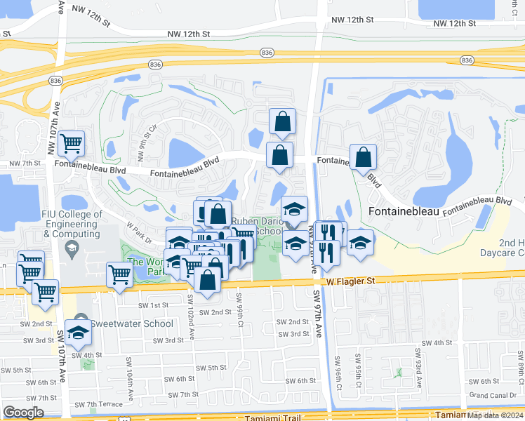 map of restaurants, bars, coffee shops, grocery stores, and more near 451 Northwest 98th Court in Miami
