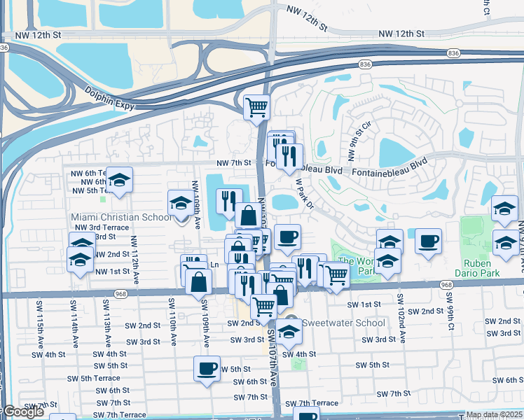 map of restaurants, bars, coffee shops, grocery stores, and more near 400 Northwest 107th Avenue in Miami