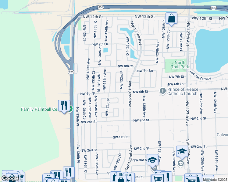 map of restaurants, bars, coffee shops, grocery stores, and more near 610 Northwest 133rd Court in Miami