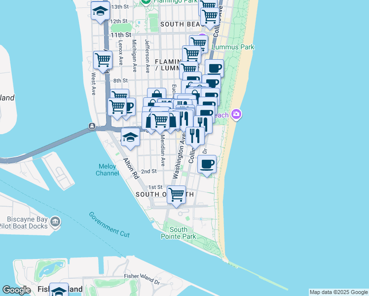 map of restaurants, bars, coffee shops, grocery stores, and more near in Miami Beach