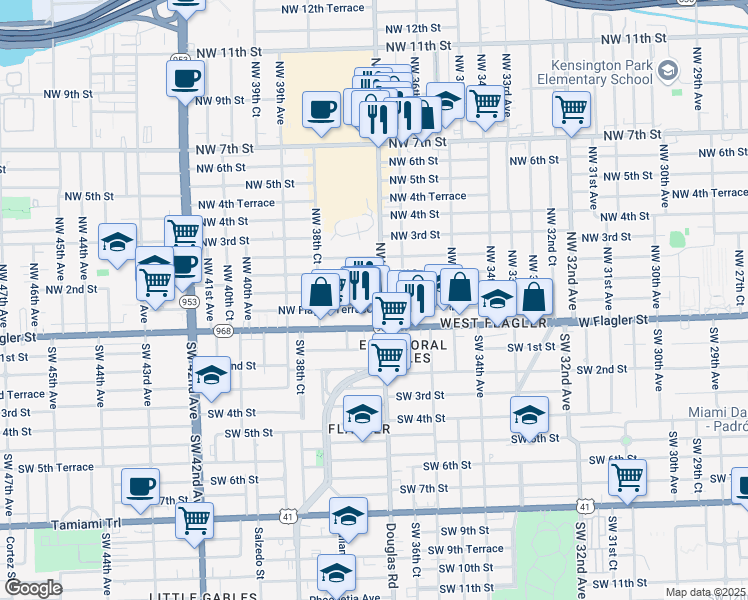 map of restaurants, bars, coffee shops, grocery stores, and more near 60 Northwest 37th Avenue in Miami