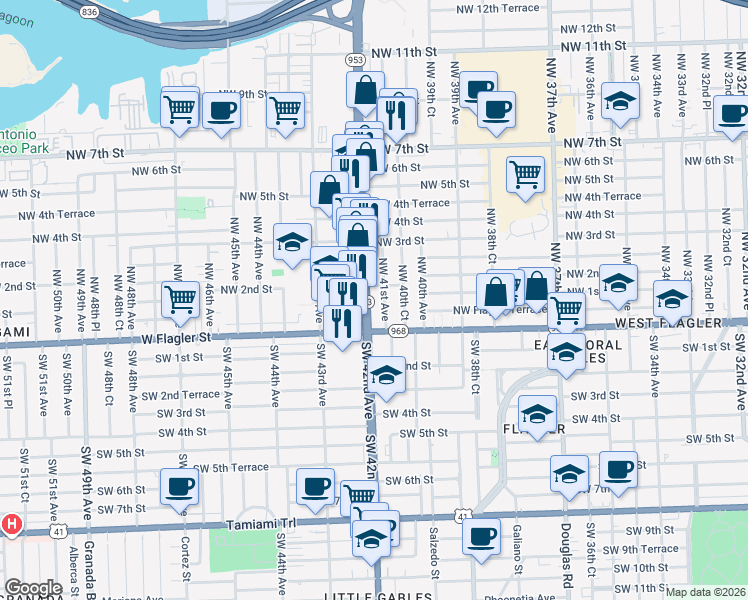 map of restaurants, bars, coffee shops, grocery stores, and more near 145 Florida 953 in Miami