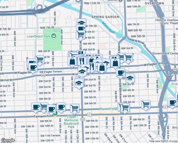 map of restaurants, bars, coffee shops, grocery stores, and more near 30 Southwest 11th Avenue in Miami