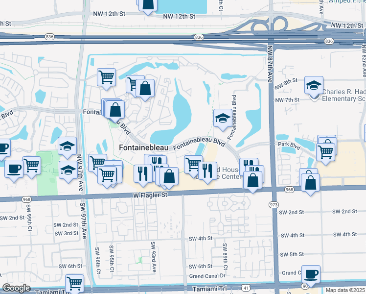 map of restaurants, bars, coffee shops, grocery stores, and more near 9120 Fontainebleau Boulevard in Doral