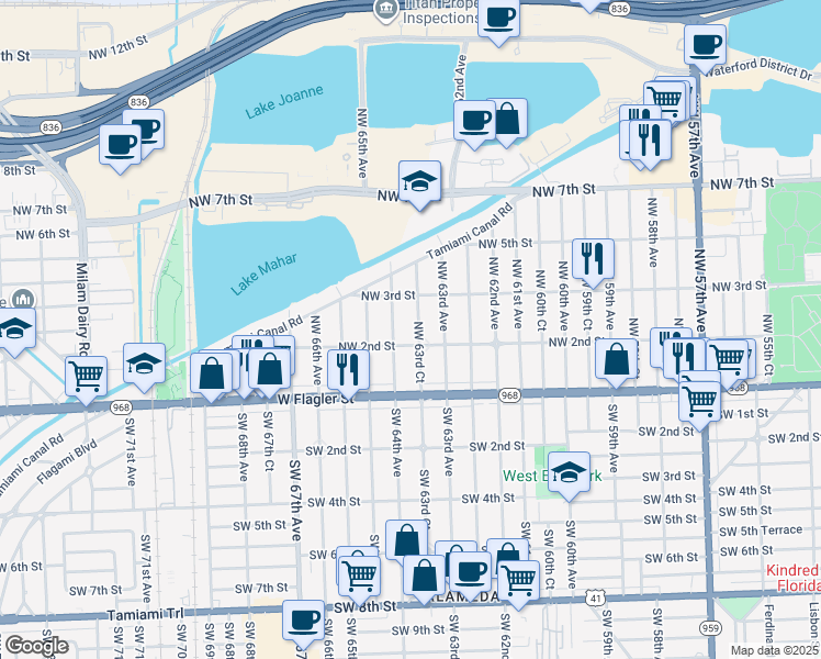 map of restaurants, bars, coffee shops, grocery stores, and more near 230 Northwest 63rd Court in Miami