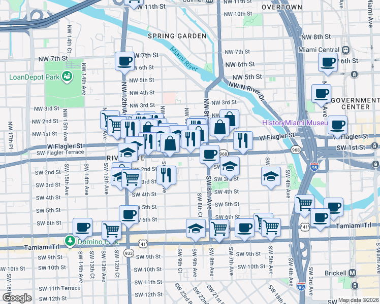 map of restaurants, bars, coffee shops, grocery stores, and more near 905 Southwest 1st Street in Miami