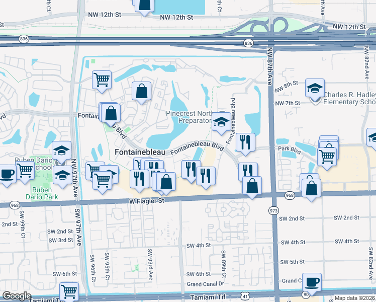 map of restaurants, bars, coffee shops, grocery stores, and more near 9120 Fontainebleau Boulevard in Doral