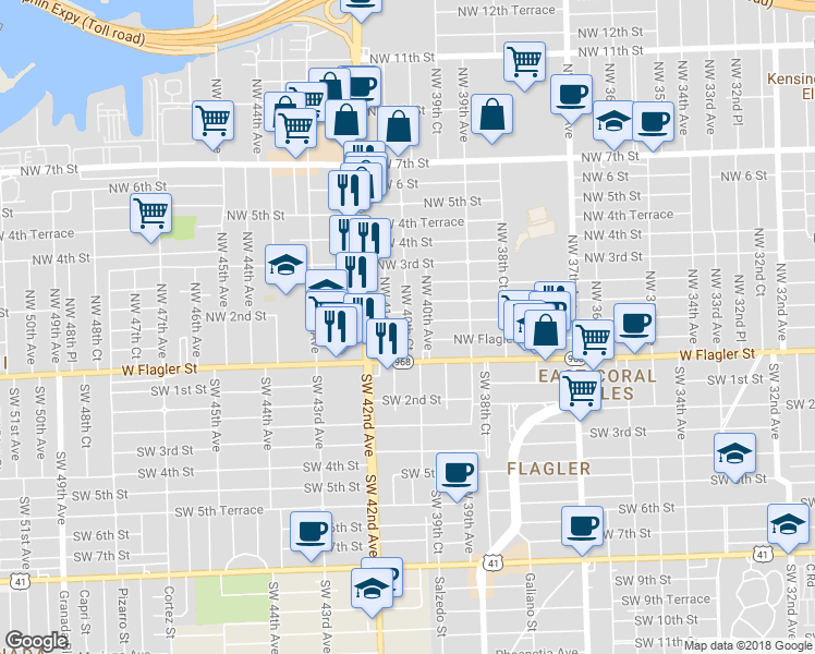 map of restaurants, bars, coffee shops, grocery stores, and more near 77 Northwest 40th Court in Miami