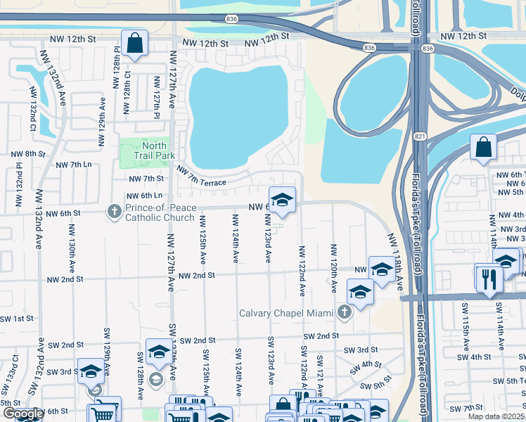 map of restaurants, bars, coffee shops, grocery stores, and more near 590 Northwest 123rd Avenue in Miami