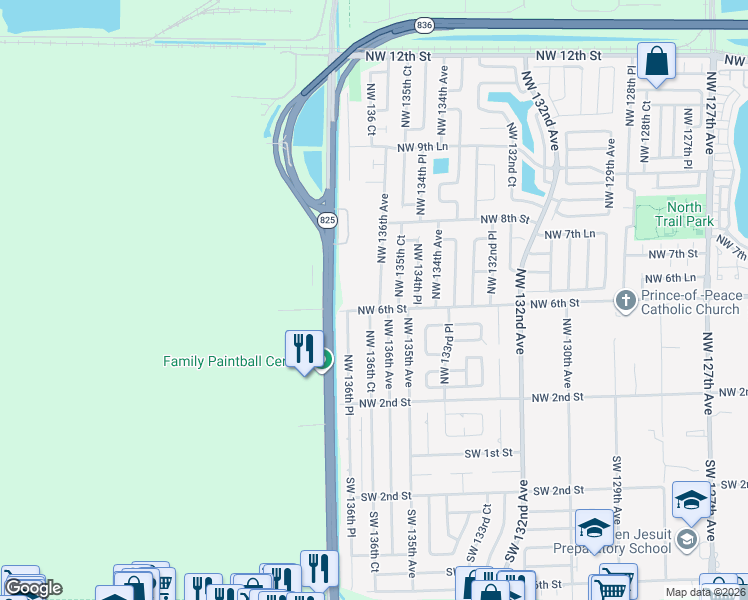 map of restaurants, bars, coffee shops, grocery stores, and more near 611 Northwest 136th Avenue in Miami