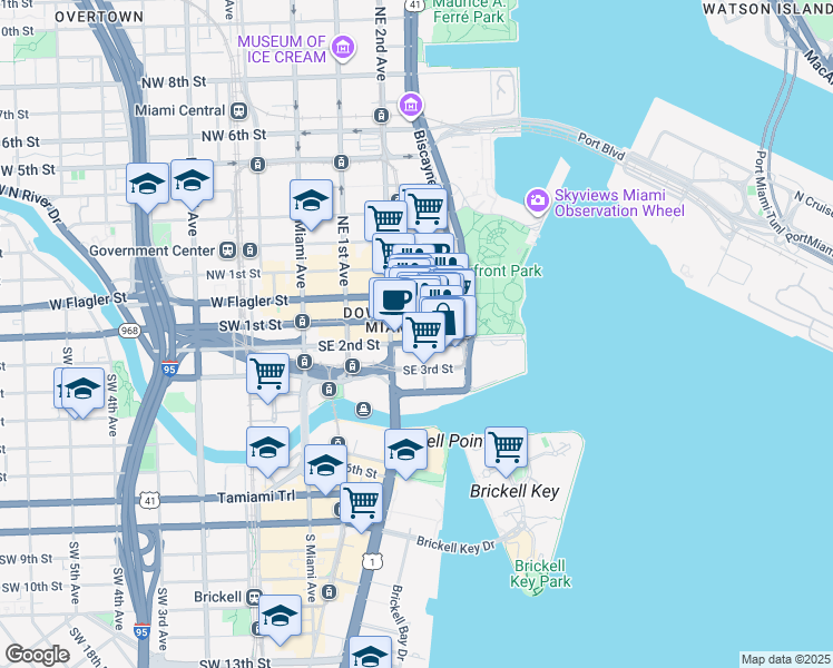 map of restaurants, bars, coffee shops, grocery stores, and more near 165 Southeast 3rd Avenue in Miami