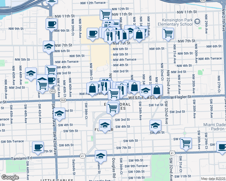 map of restaurants, bars, coffee shops, grocery stores, and more near 61 Northwest 37th Avenue in Miami