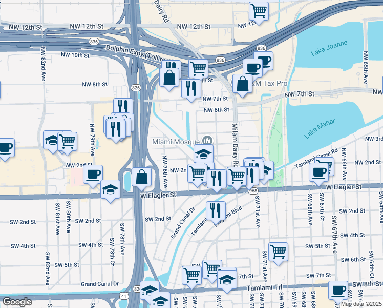map of restaurants, bars, coffee shops, grocery stores, and more near 271 Northwest Boulevard in Miami
