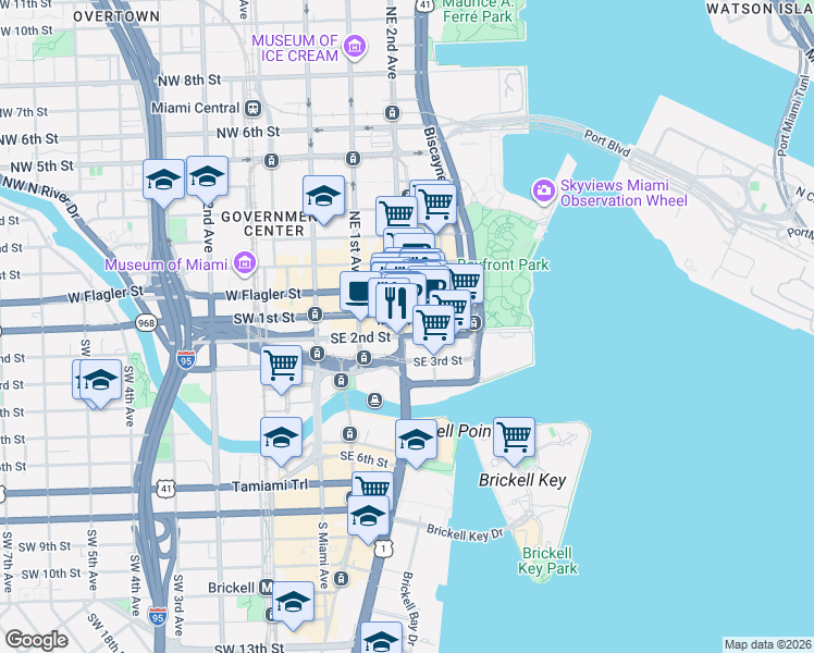 map of restaurants, bars, coffee shops, grocery stores, and more near 119 Southeast 2nd Avenue in Miami