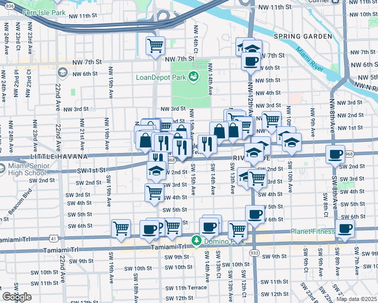 map of restaurants, bars, coffee shops, grocery stores, and more near 1511 Southwest Flagler Terrace in Miami