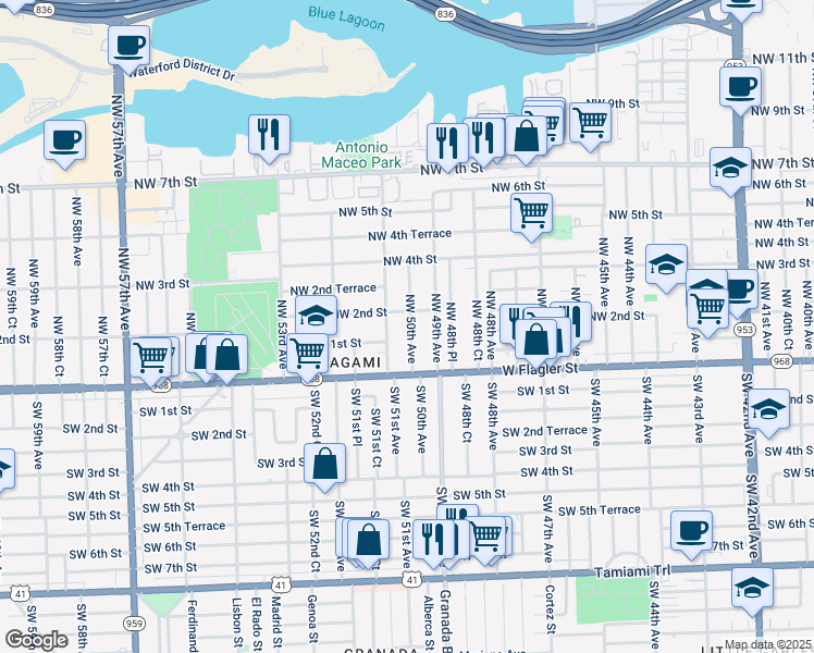 map of restaurants, bars, coffee shops, grocery stores, and more near 140 Northwest 50th Avenue in Miami