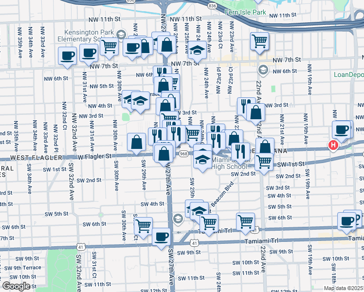 map of restaurants, bars, coffee shops, grocery stores, and more near 25 Northwest 26th Avenue in Miami