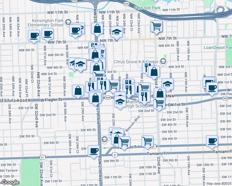 map of restaurants, bars, coffee shops, grocery stores, and more near 27 Northwest 25th Avenue in Miami