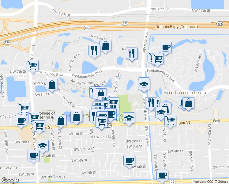 map of restaurants, bars, coffee shops, grocery stores, and more near 7477 Northwest 99th Avenue in Miami