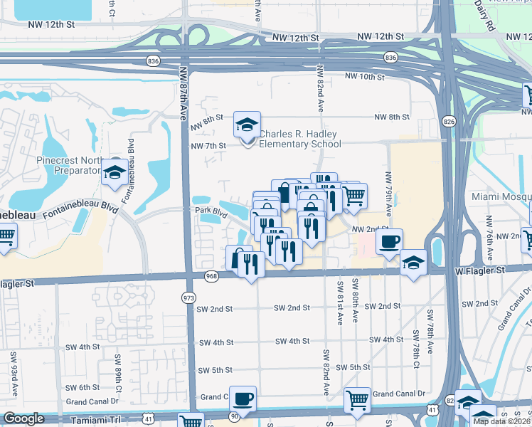 map of restaurants, bars, coffee shops, grocery stores, and more near Park Boulevard in Miami