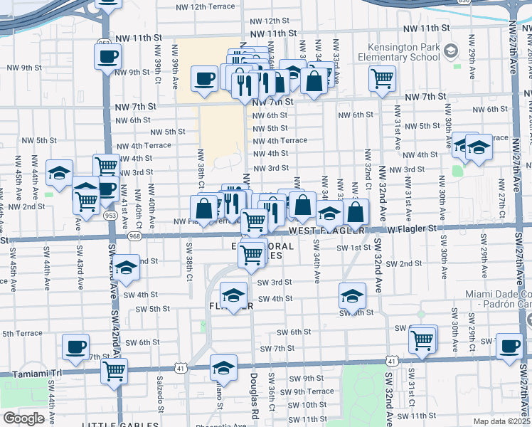 map of restaurants, bars, coffee shops, grocery stores, and more near 87 Northwest 36th Court in Miami