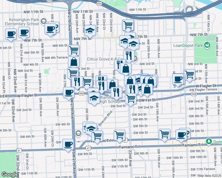 map of restaurants, bars, coffee shops, grocery stores, and more near 2306 Northwest Flagler Terrace in Miami