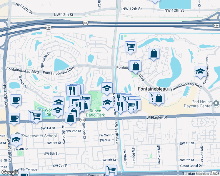 map of restaurants, bars, coffee shops, grocery stores, and more near 9716 Northwest 4th Lane in Miami