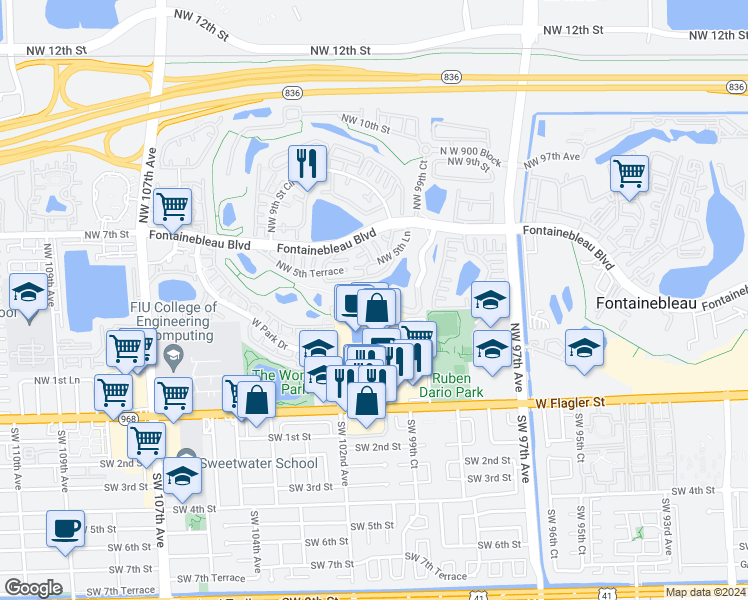 map of restaurants, bars, coffee shops, grocery stores, and more near 10022 Northwest 7th Street in Miami