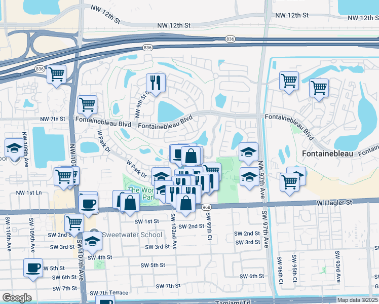 map of restaurants, bars, coffee shops, grocery stores, and more near 10022 Northwest 7th Street in Miami