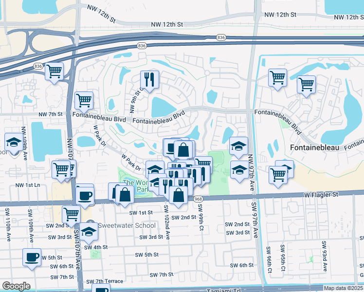 map of restaurants, bars, coffee shops, grocery stores, and more near 10242 Northwest 7th Street in Miami