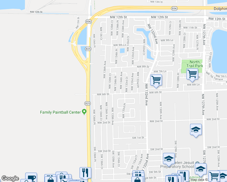 map of restaurants, bars, coffee shops, grocery stores, and more near 626 Northwest 134th Place in Miami