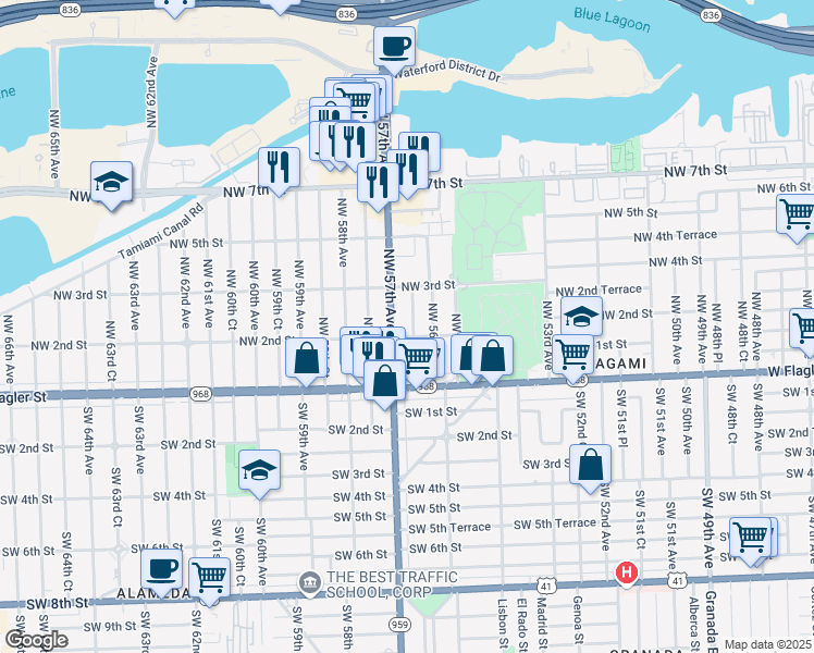 map of restaurants, bars, coffee shops, grocery stores, and more near 216 Northwest 56th Court in Miami