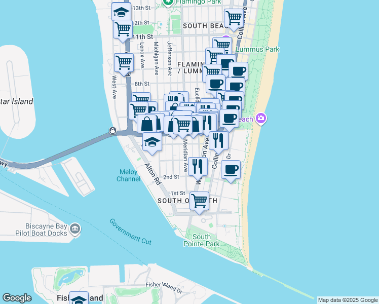 map of restaurants, bars, coffee shops, grocery stores, and more near 325 Meridian Avenue in Miami Beach