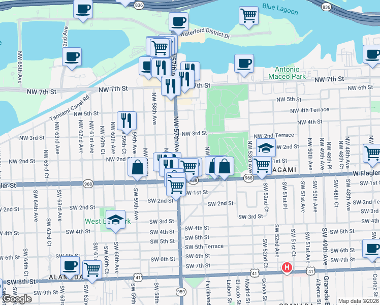 map of restaurants, bars, coffee shops, grocery stores, and more near 216 Northwest 56th Court in Miami