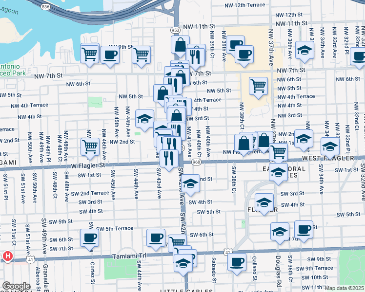 map of restaurants, bars, coffee shops, grocery stores, and more near 145 Florida 953 in Miami