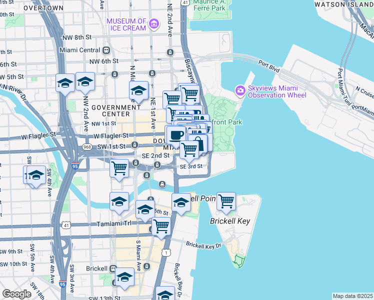 map of restaurants, bars, coffee shops, grocery stores, and more near 150 Southeast 3rd Avenue in Miami