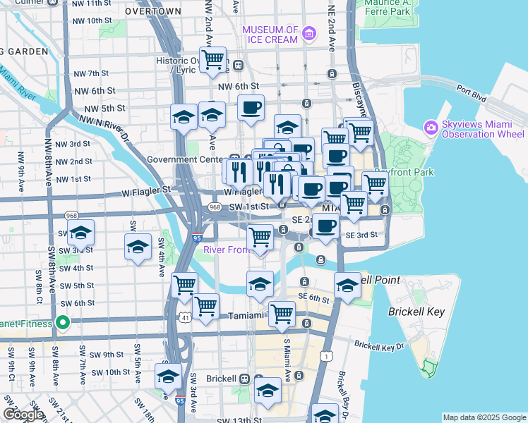 map of restaurants, bars, coffee shops, grocery stores, and more near in Miami