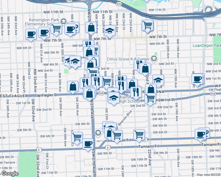 map of restaurants, bars, coffee shops, grocery stores, and more near 27 Northwest 25th Avenue in Miami