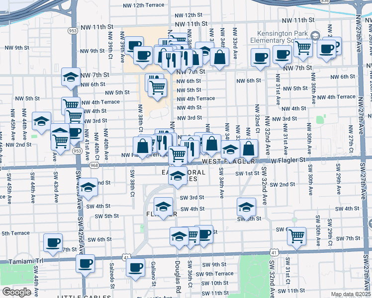 map of restaurants, bars, coffee shops, grocery stores, and more near 87 Northwest 36th Court in Miami
