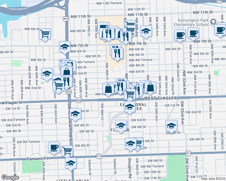 map of restaurants, bars, coffee shops, grocery stores, and more near 3810 Northwest 1st Street in Miami