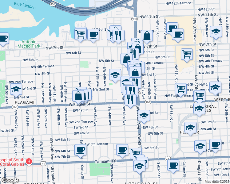 map of restaurants, bars, coffee shops, grocery stores, and more near 141 Northwest 43rd Place in Miami