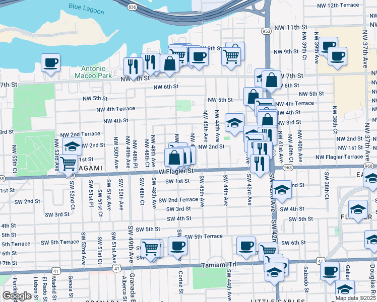 map of restaurants, bars, coffee shops, grocery stores, and more near 101 Northwest 47th Avenue in Miami
