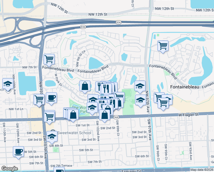 map of restaurants, bars, coffee shops, grocery stores, and more near 10022 Northwest 7th Street in Miami