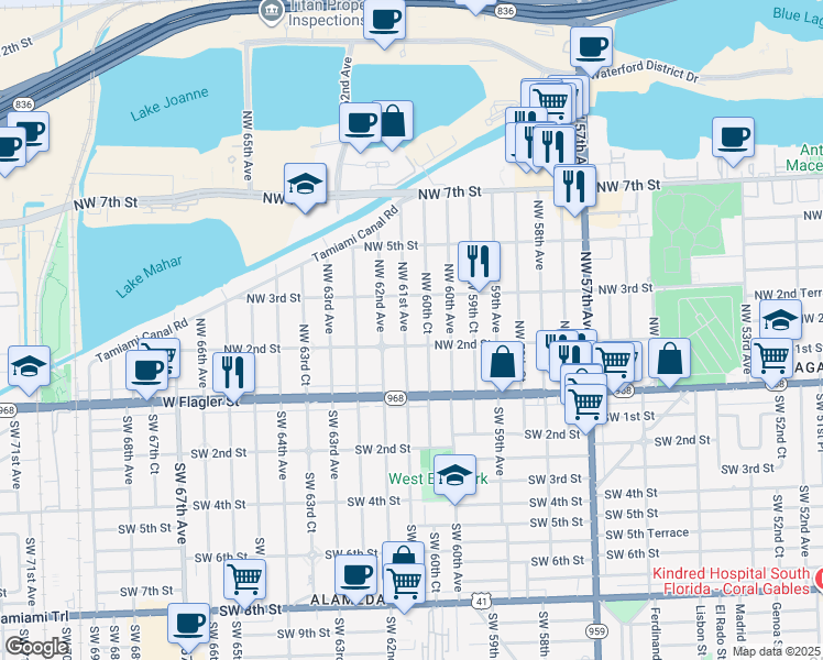 map of restaurants, bars, coffee shops, grocery stores, and more near 225 Northwest 61st Avenue in Miami