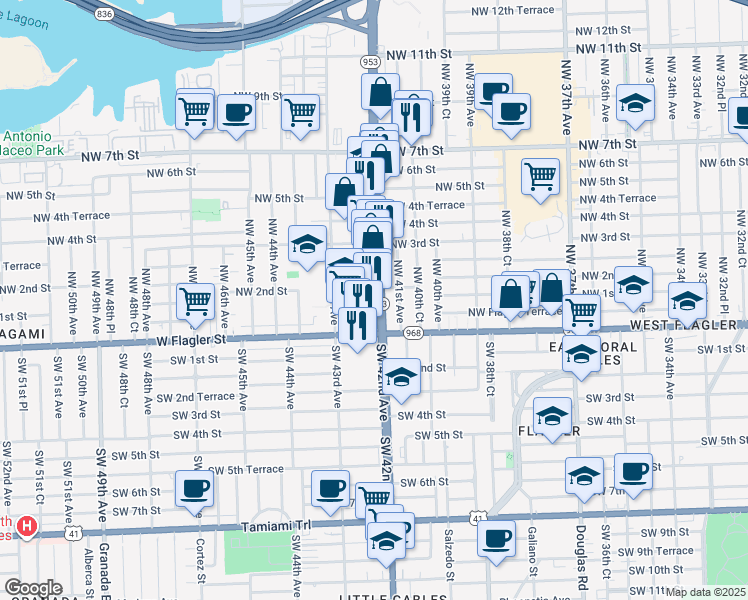 map of restaurants, bars, coffee shops, grocery stores, and more near 180 Northwest 42nd Avenue in Miami